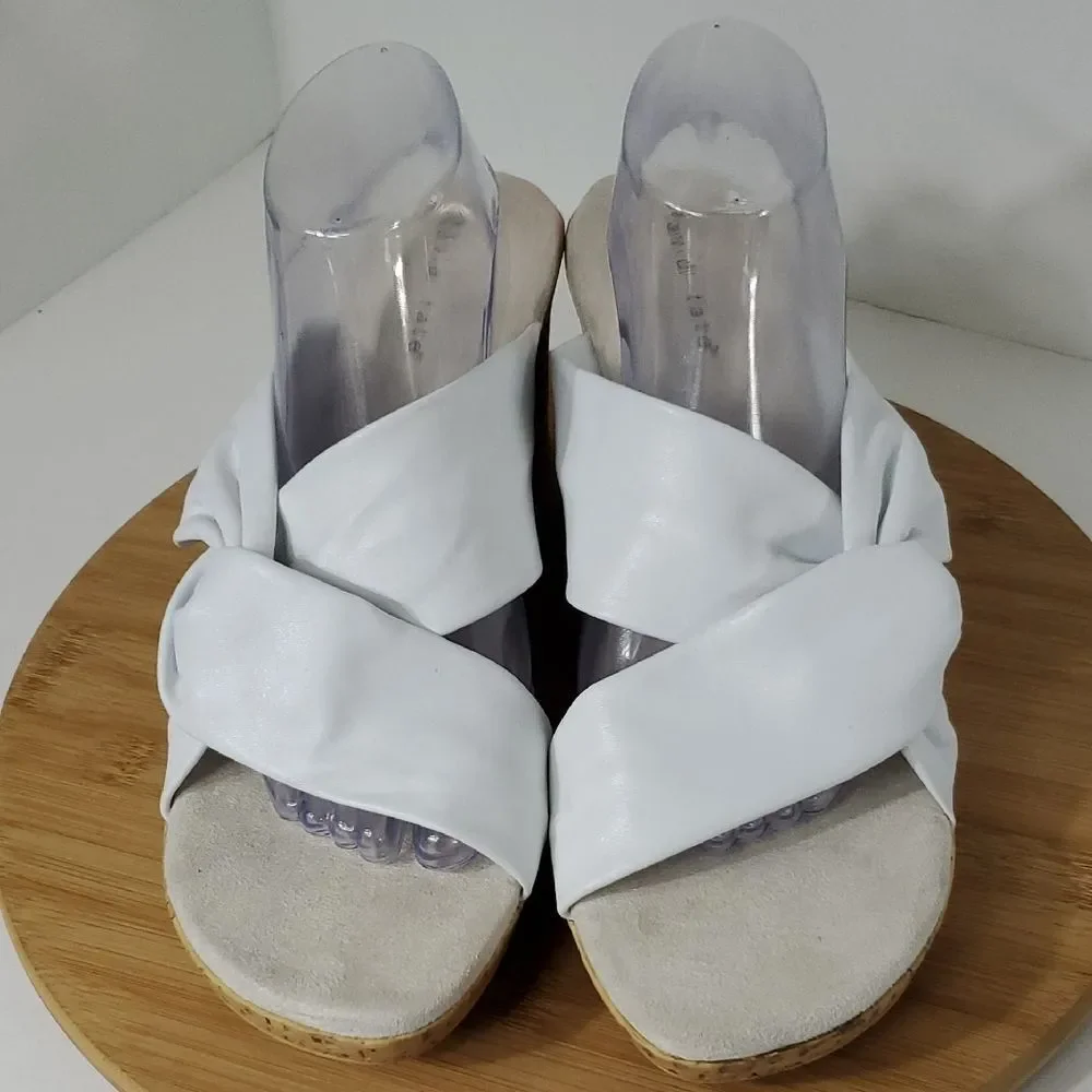David Tate Loop Slide Sandals White Leather Slip On Wedge Women's Size 13